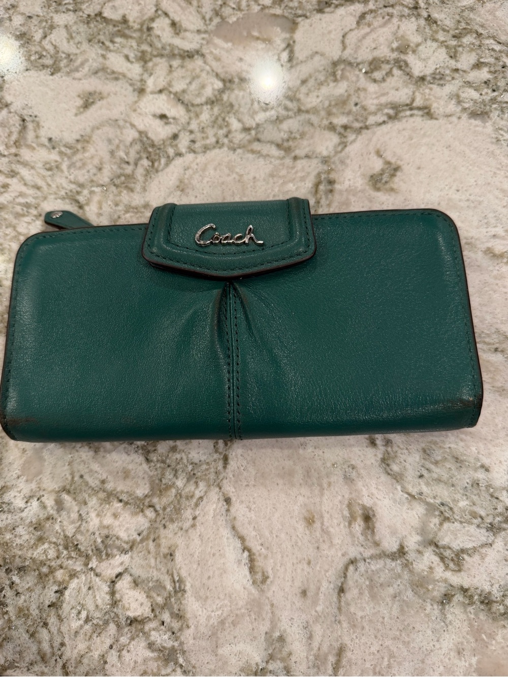 Coach Teal Green Leather Zip-Around Wallet with Snap Tab